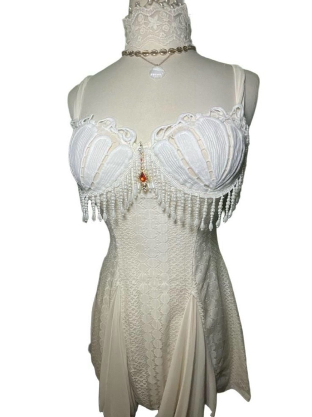 White Beaded Fringe Lace Bustier Dress - Women's Intimates